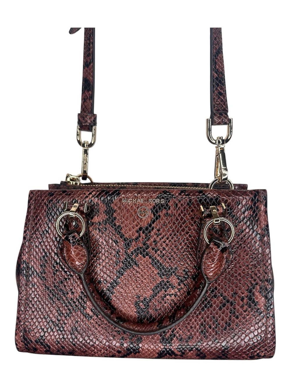 Michael Kors Burgundy Snake-Print Satchel with Gold Hardware